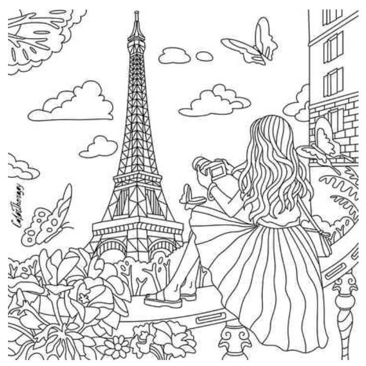 Dibujo de Chica Tomando Fotos de la Torre Eiffel para Colorear