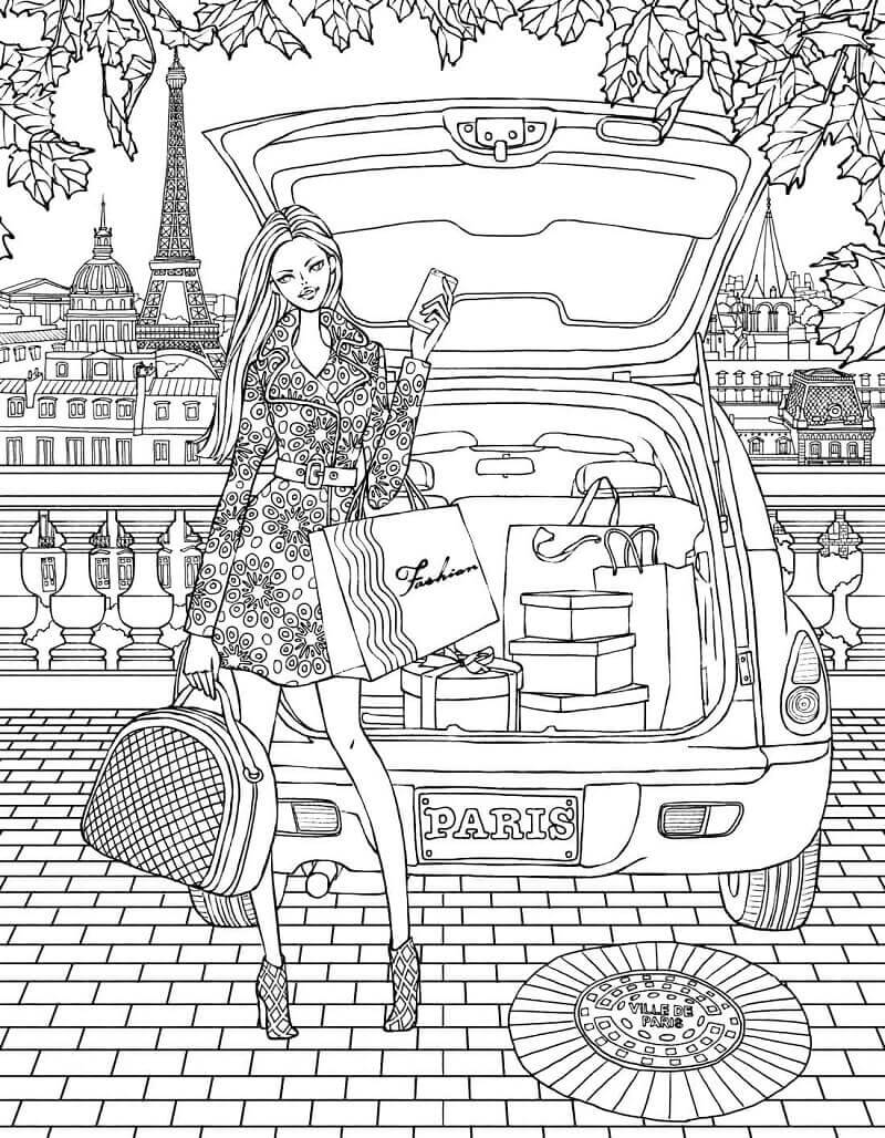 Dibujo de Chica de Compras en la Ciudad de Paris para Colorear