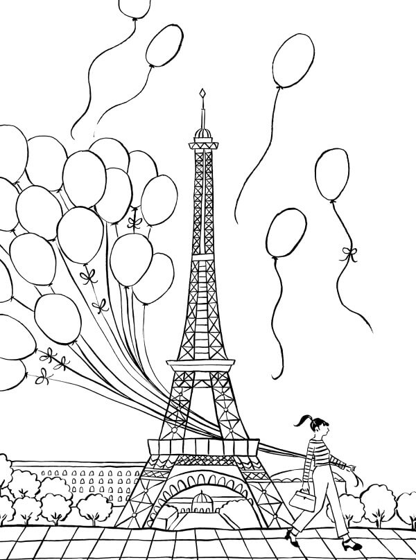 Dibujo de Chica Sujetando Globo en Paris para Colorear