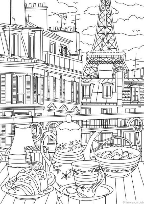 Dibujo de Comida en la Ciudad de Paris para Colorear