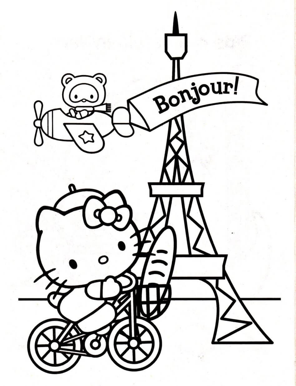Dibujo de Hello Kitty en la Ciudad de Paris para Colorear