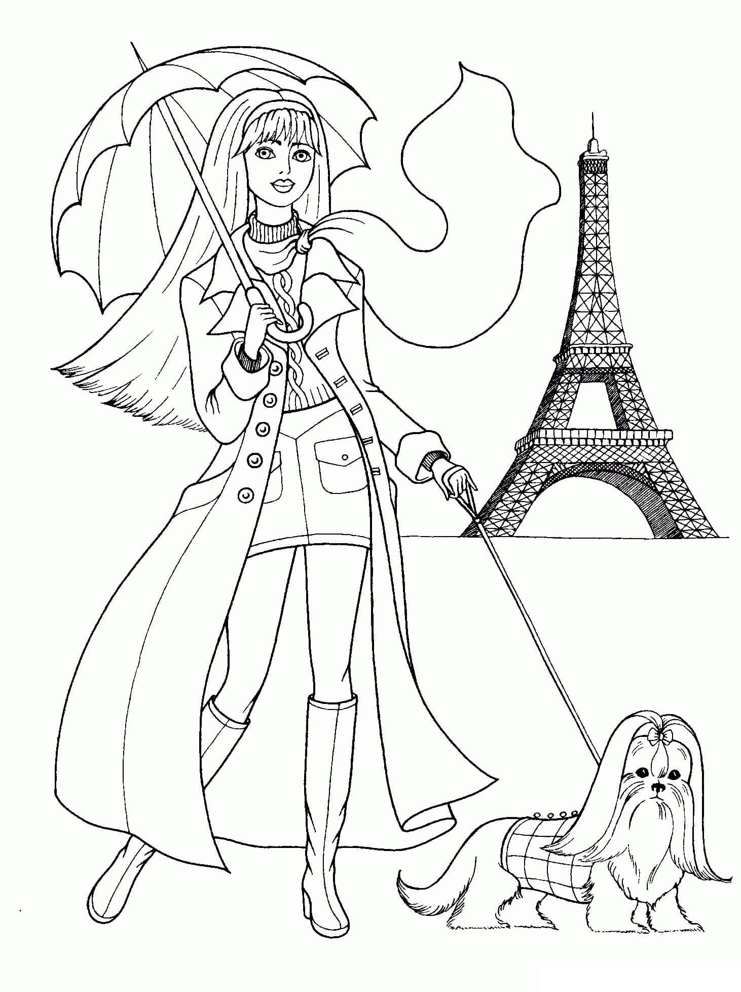 Dibujo de La niña Paseando al Perro y la Torre Eiffel en Paris para Colorear