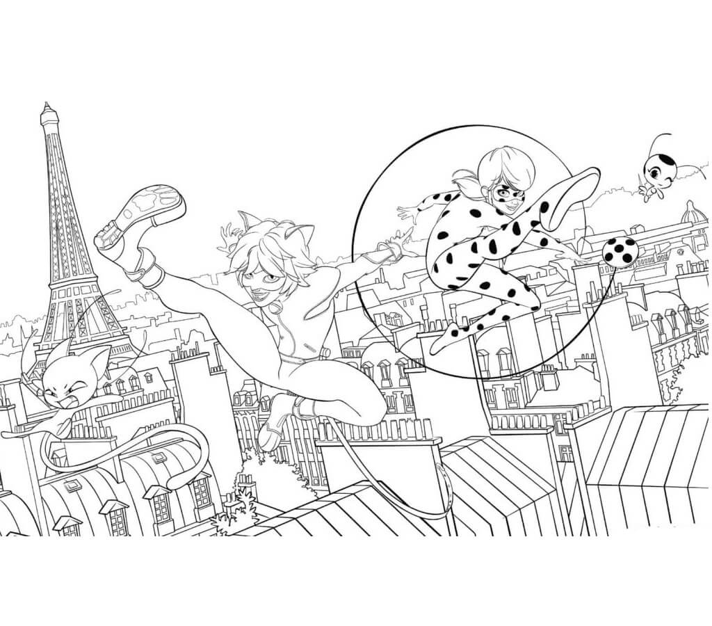 Dibujo de Ladybug y Cat Noir en Paris para Colorear