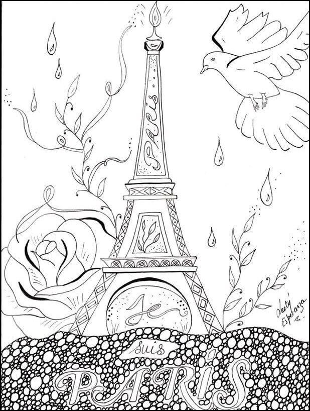Dibujo de Torre Eiffel con pájaro y Rosa para Colorear