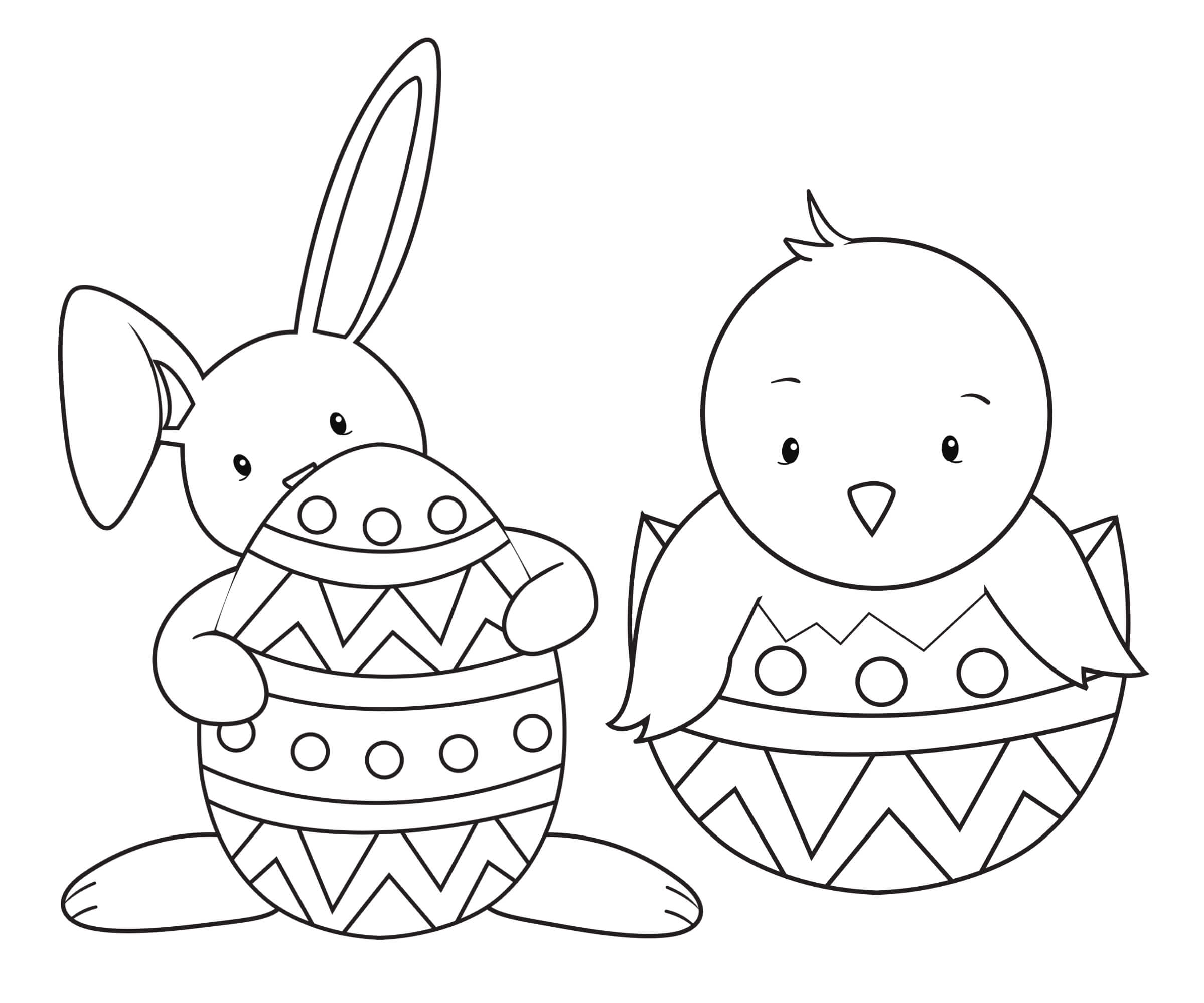 Dibujo de Conejito y Pollito con Huevo de Pascua para Colorear