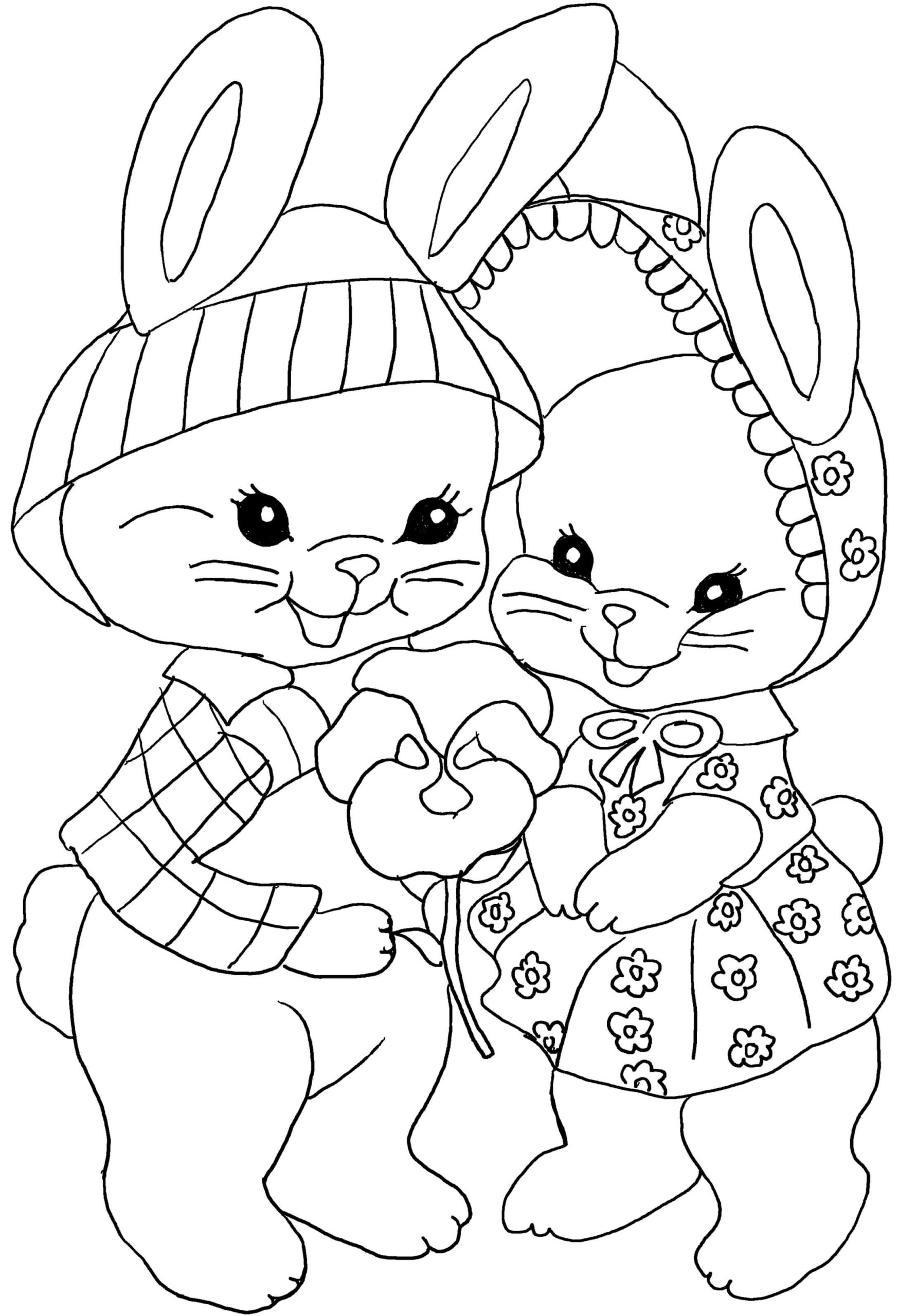 Dibujo de Dos Conejitos de Pascua con Flor Scaled para Colorear
