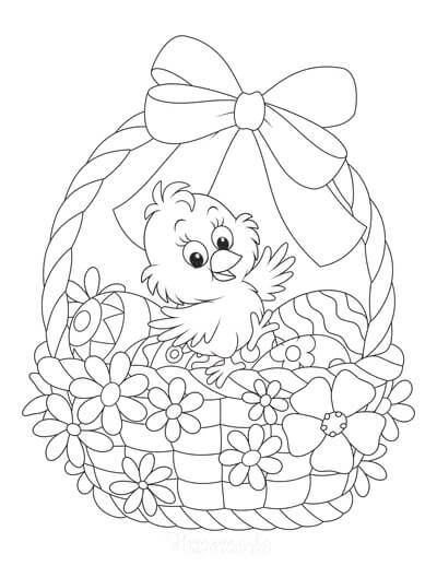 Dibujo de Pollo Parado en una Canasta de Huevos de Pascua para Colorear