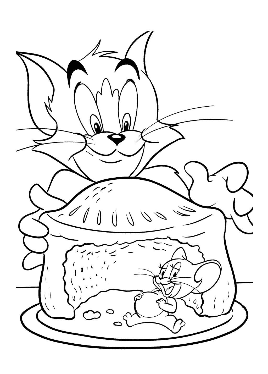 Dibujo de Tom y Jerry Comiendo un Pastel para Colorear