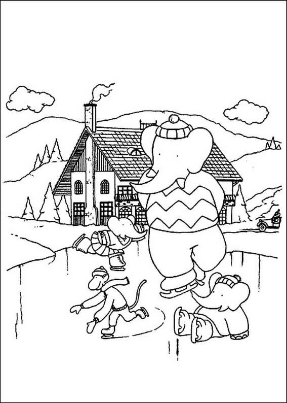 Dibujo de Mono y Elefante Juegan Patinaje Sobre Hielo para Colorear
