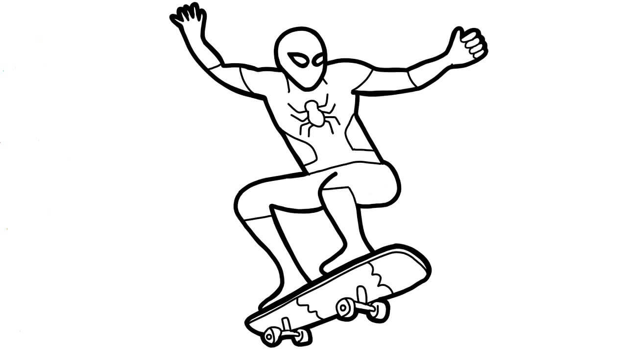 Dibujo de Hombre araña y Patineta para Colorear