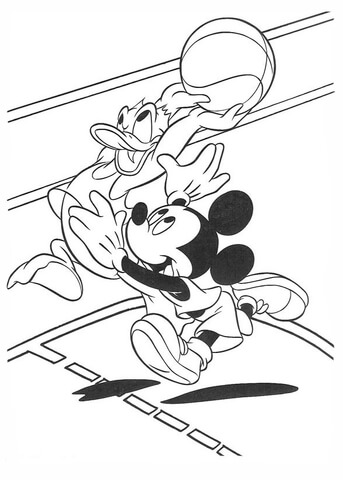 Dibujo de Donald Jugando Baloncesto con Mickey para Colorear