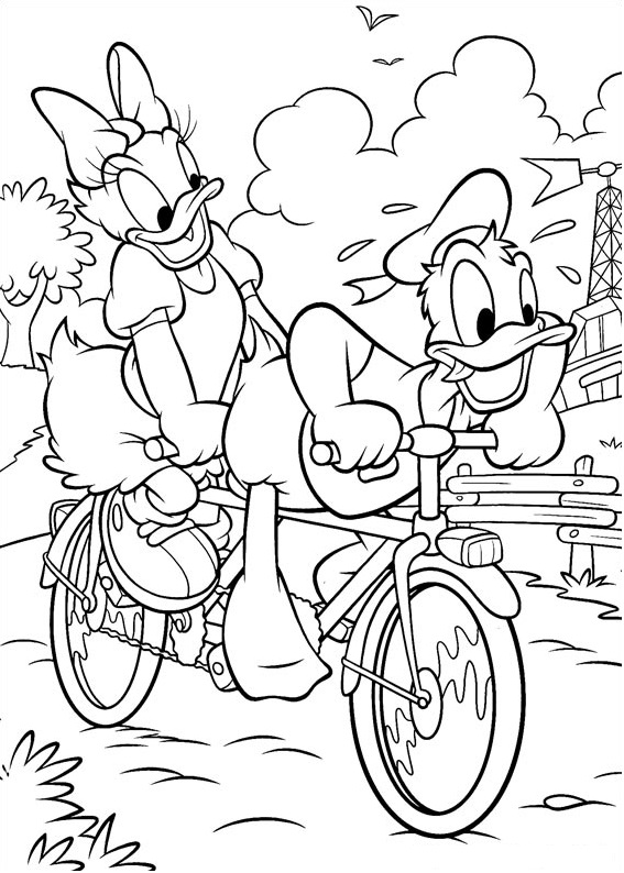 Dibujo de Donald y Daisy en Bicicleta para Colorear