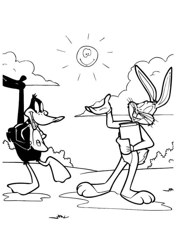 Dibujo de Pato Lucas y Bugs Bunny Hablando para Colorear