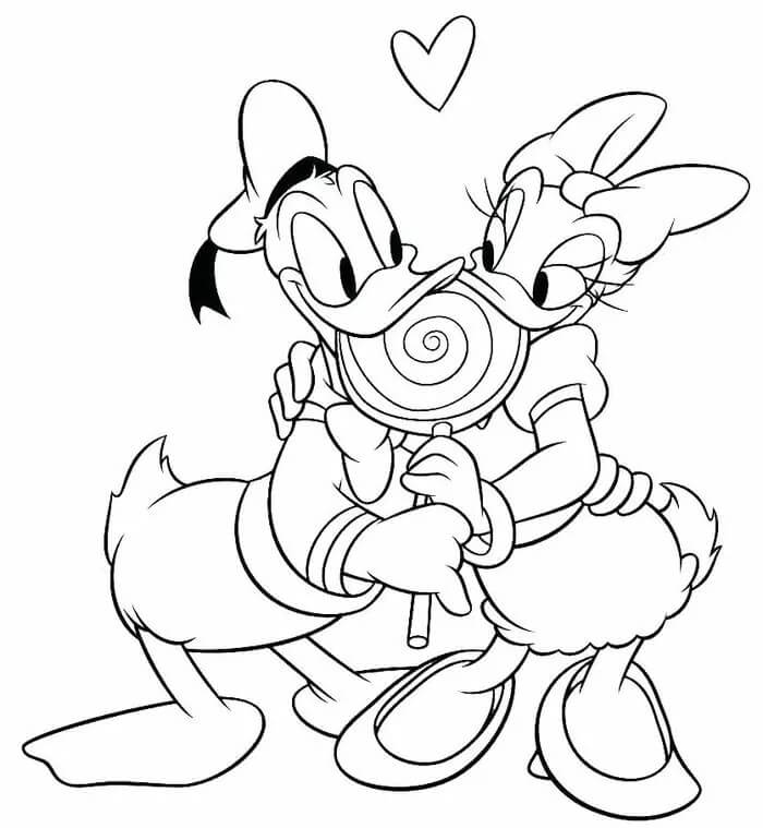 Dibujo de Daisy Duck y Donald Duck Comiendo Dulces para Colorear