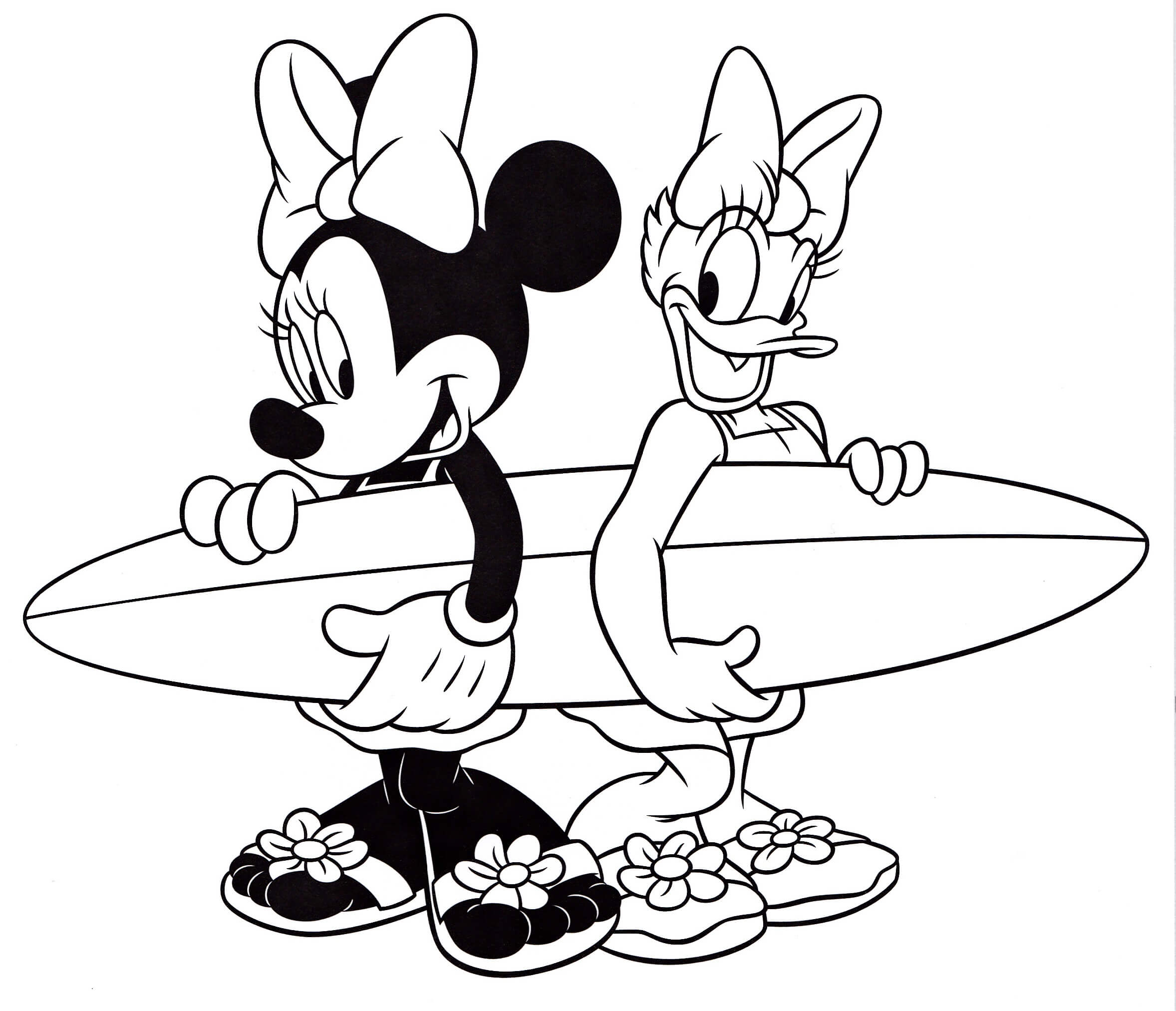 Dibujo de Daisy Duck y Minnie Mouse Surfean para Colorear