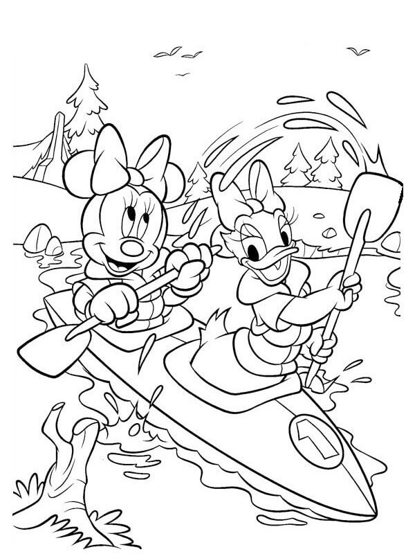 Dibujo de Minnie Mouse y Daisy Duck Remando en un Bote para Colorear