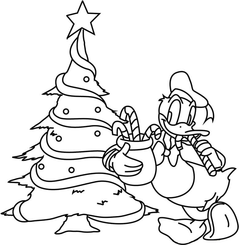 Dibujo de Pato Donald y árbol de Navidad para Colorear