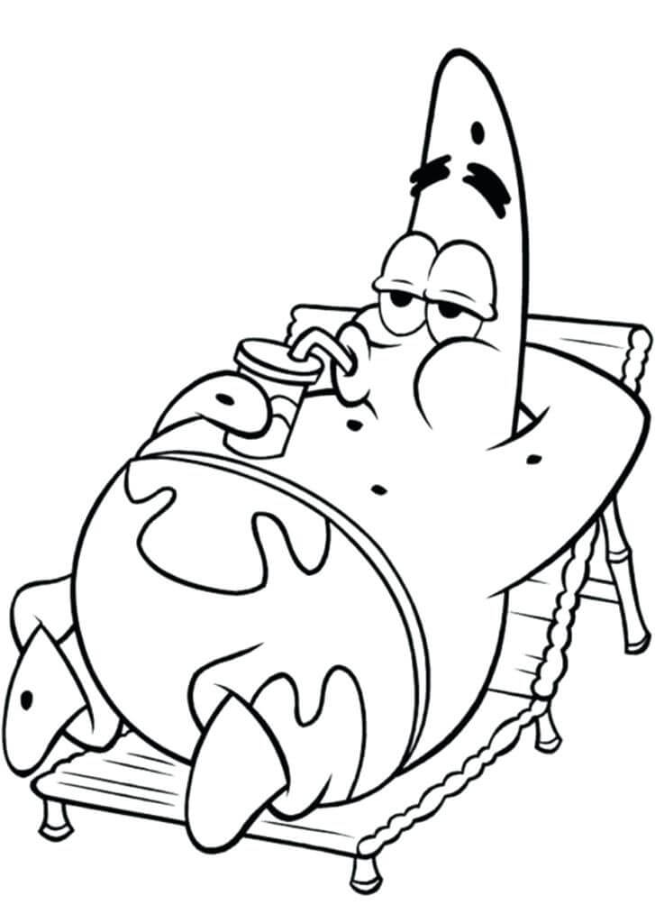 Dibujo de Patrick Star Acostado y Beber Agua en la Playa para Colorear
