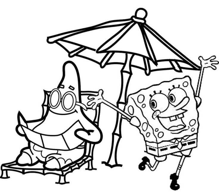 Dibujo de Patrick Star y Bob Esponja en la Playa para Colorear