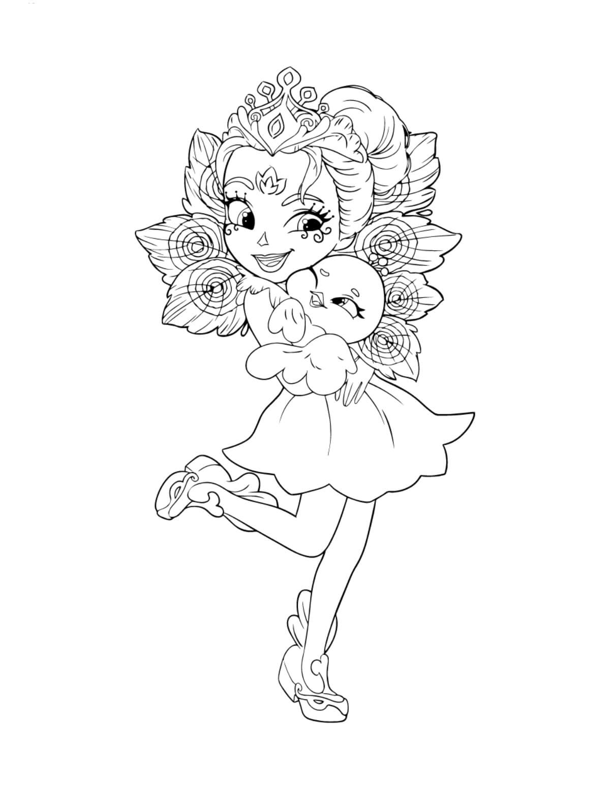 Dibujo de Princesa Tenencia Pavo Real para Colorear