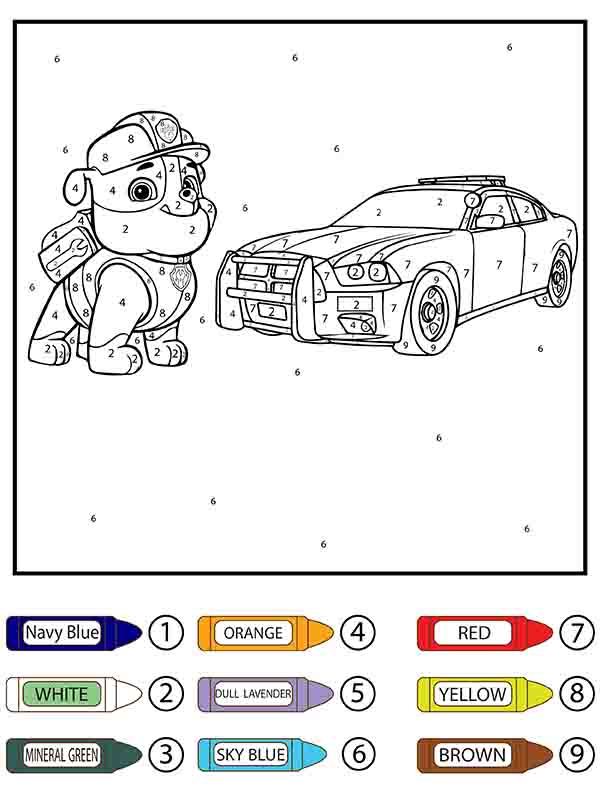 Dibujo de Patrulla Canina Escombros y Coche Patrulla Colorear por número página para Colorear
