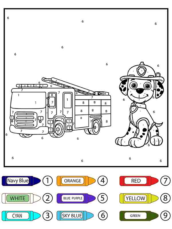 Dibujo de Patrulla Canina Marshall y camión de Bomberos Colorear por números página para Colorear