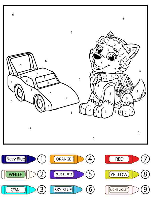 Dibujo de Patrulla Canina Rocky con Coche pequeño Colorear por números página para Colorear