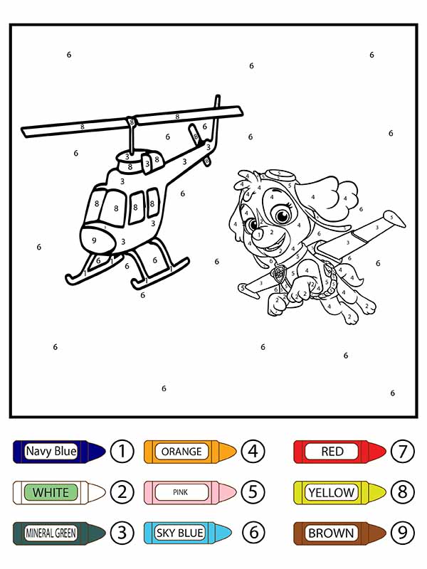 Dibujo de Patrulla Canina Skye Volando y helicóptero Color por número página para Colorear