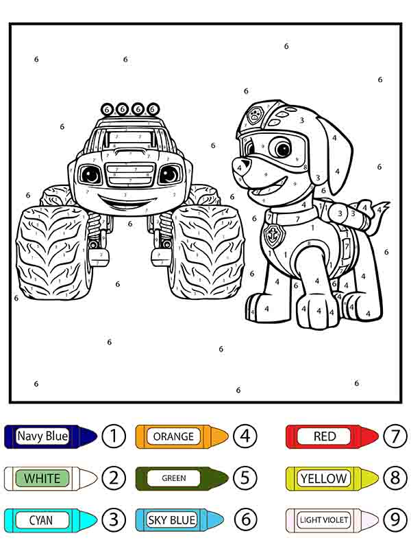 Dibujo de Patrulla Canina Zuma y Big Car Colorear por número página para Colorear