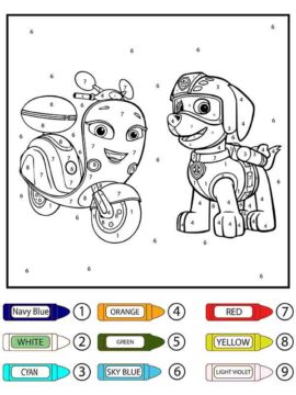 Dibujo de Patrulla Canina Zuma y Motocicleta Colorear por número página para Colorear