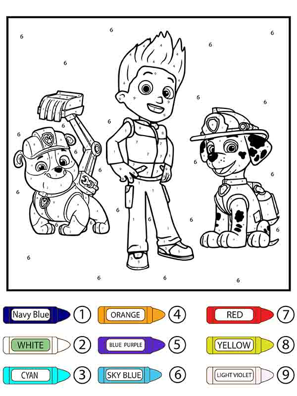 Dibujo de Paw Patrol Rubble Ryder y Marshall Colorear por número página para Colorear