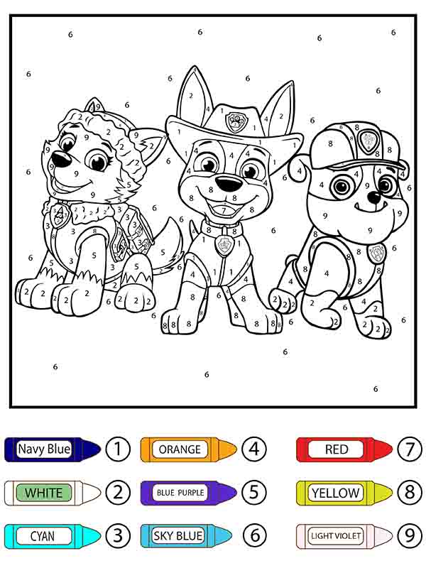 Dibujo de Paw Patrol Skye Rocky y Rubble Colorear por número página para Colorear