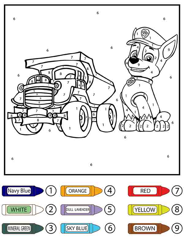 Dibujo de Paw Patrol Toy Car y Rocky Color By Number página para Colorear