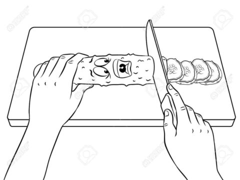 Dibujo de Rebanada de Pepino con Cuchillo para Colorear