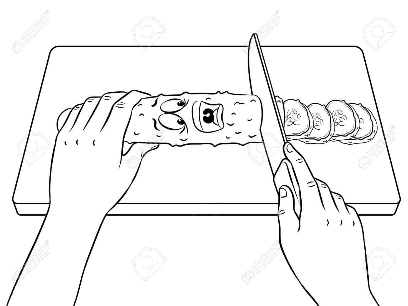 Dibujo de Rebanada de Pepino con Cuchillo para Colorear