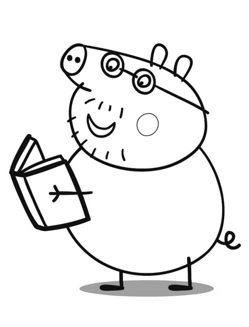 Dibujo de Daddy Pig Lee un Libro para Colorear
