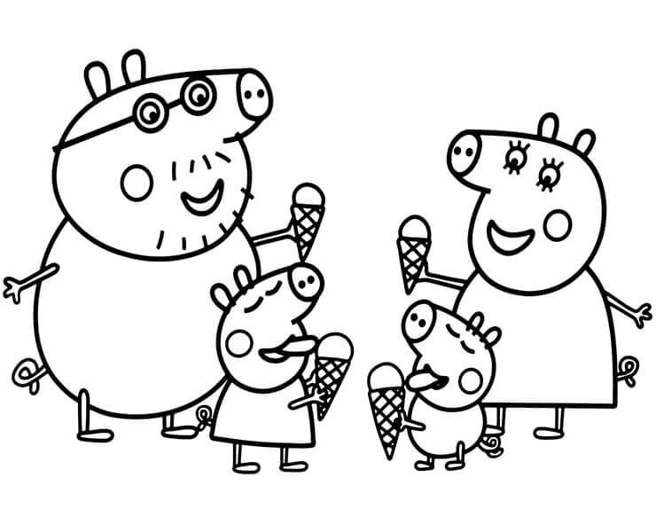 Dibujo de Familia Peppa Pig con Helado para Colorear
