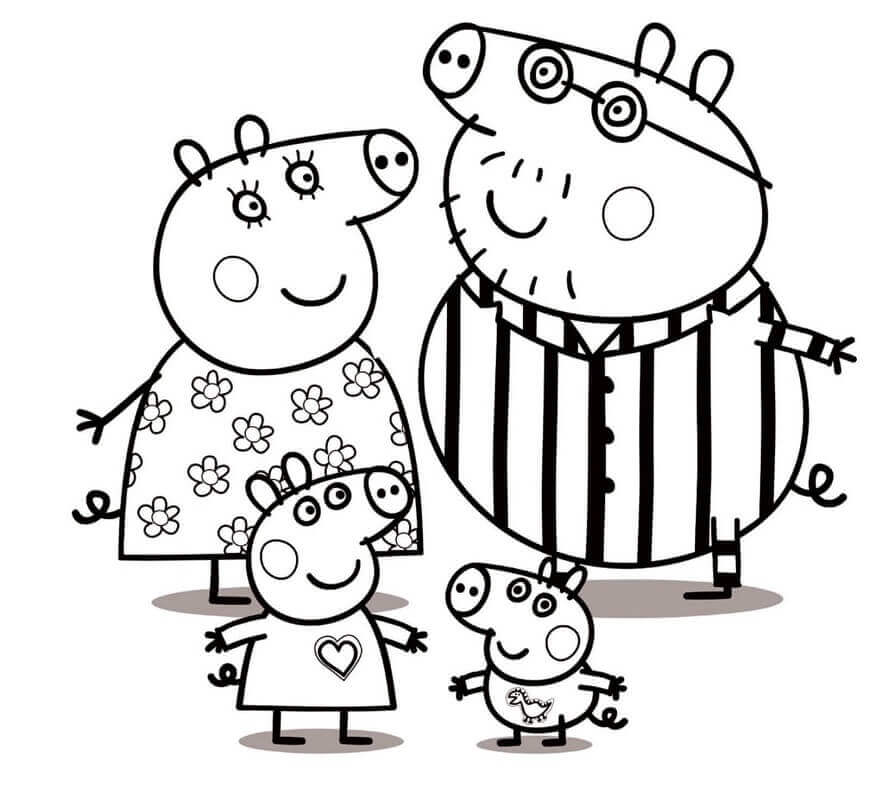 Dibujo de Familia Peppa Pig en Pijama para Colorear