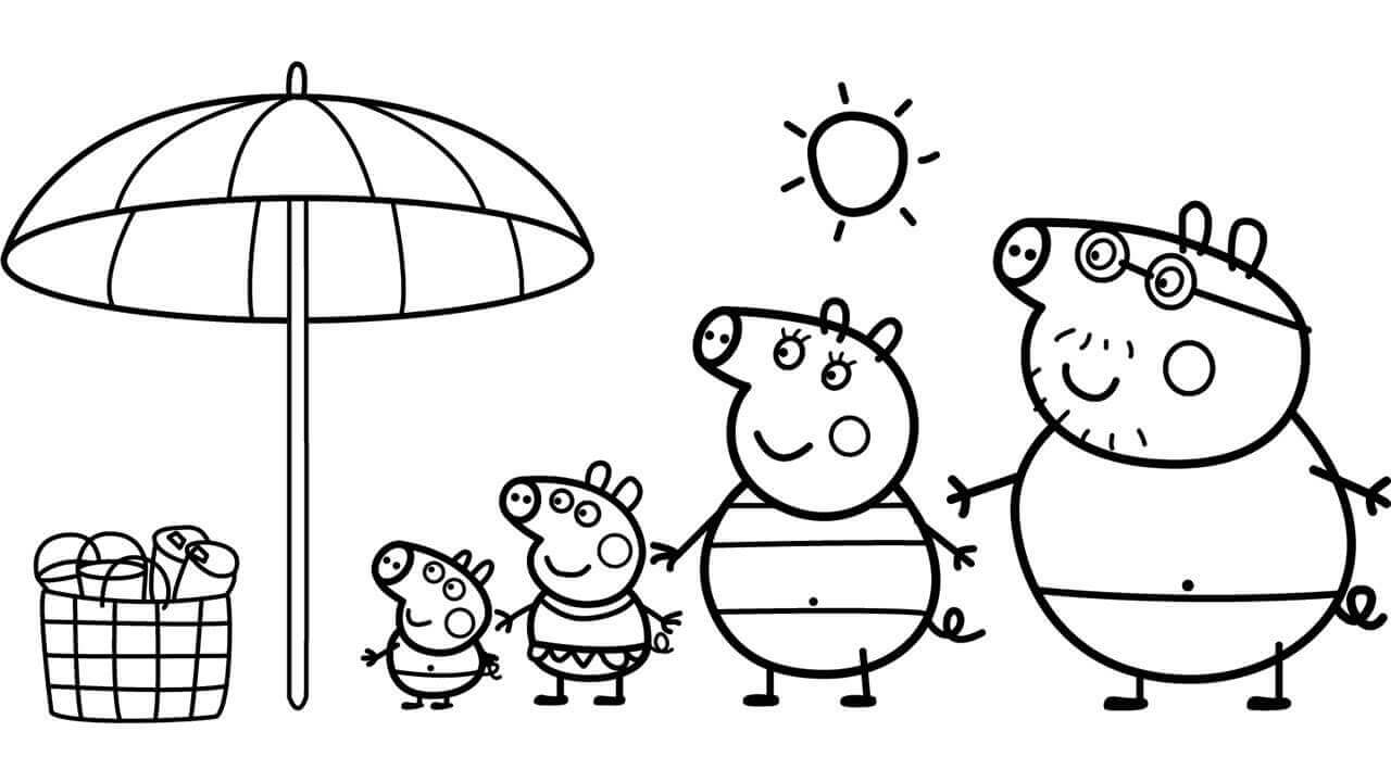 Dibujo de Familia Peppa Pig en la Playa para Colorear