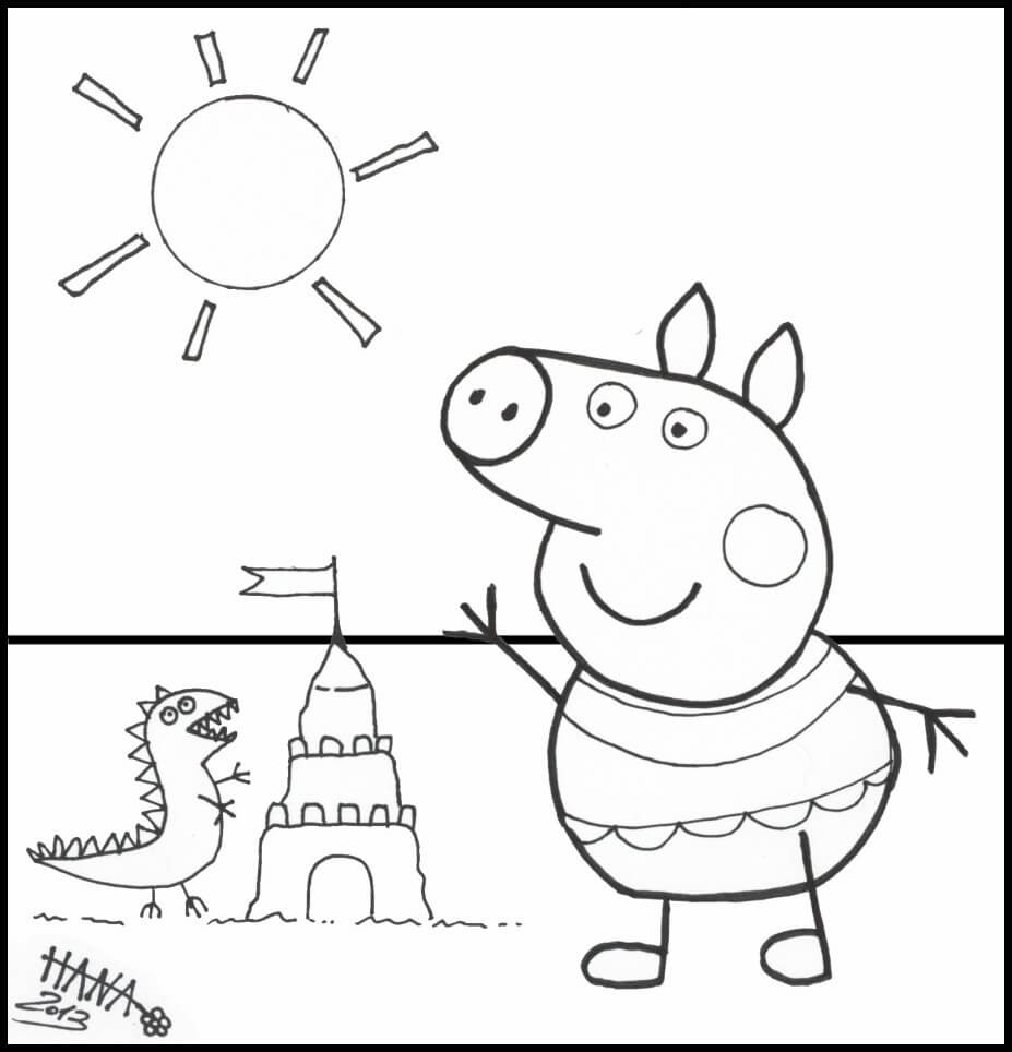 Dibujo de Peppa Pig y Castillo de Arena para Colorear