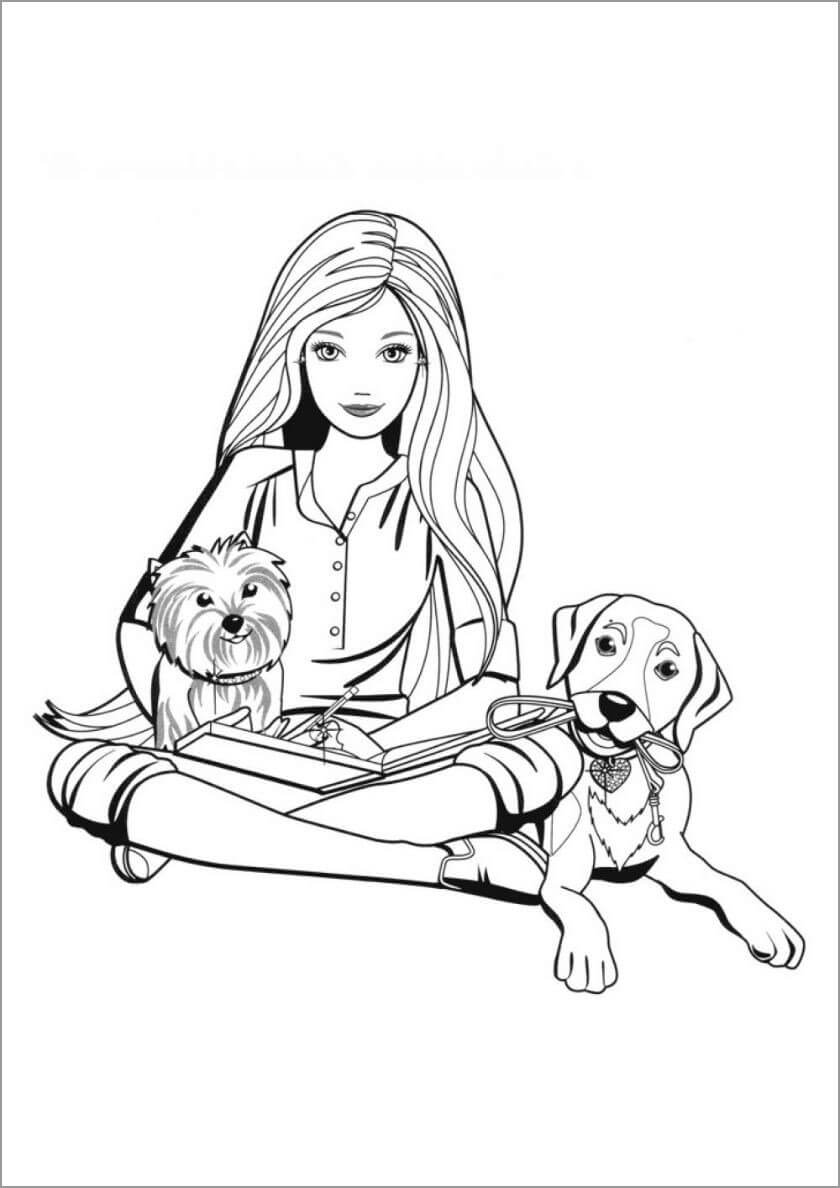 Dibujo de Barbie y Dos Perros para Colorear