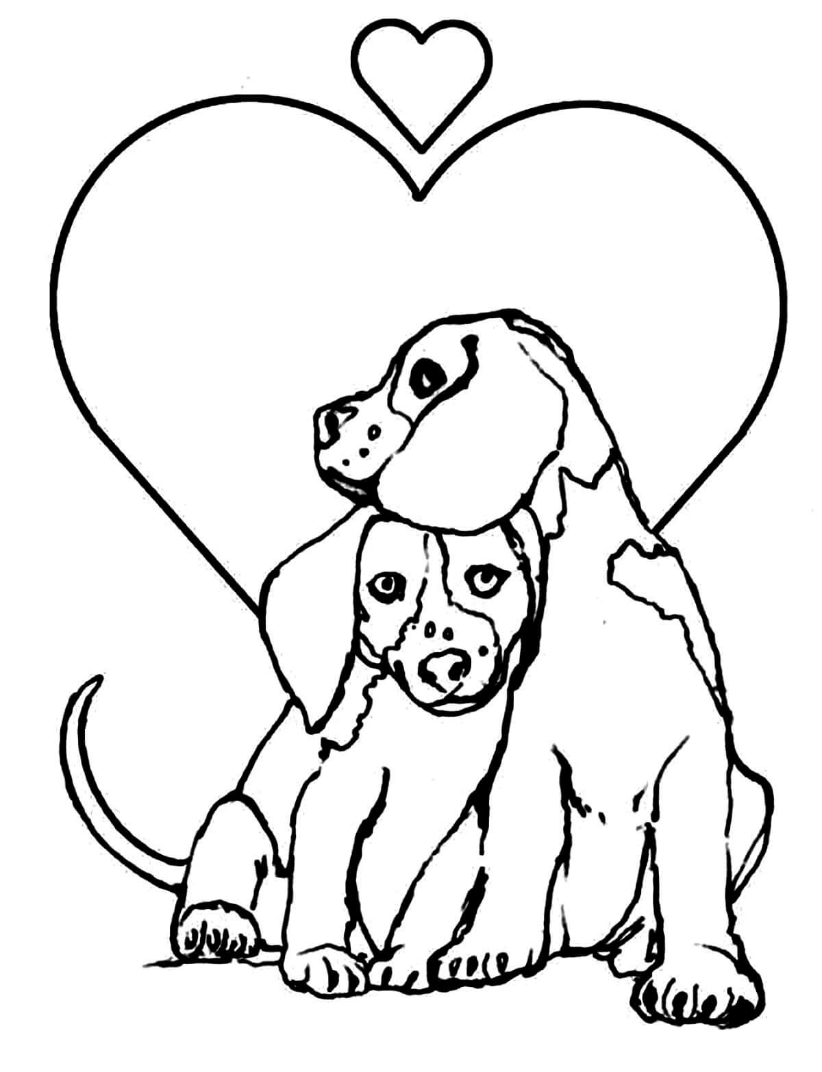 Dibujo de Pareja de Perros con corazón para Colorear