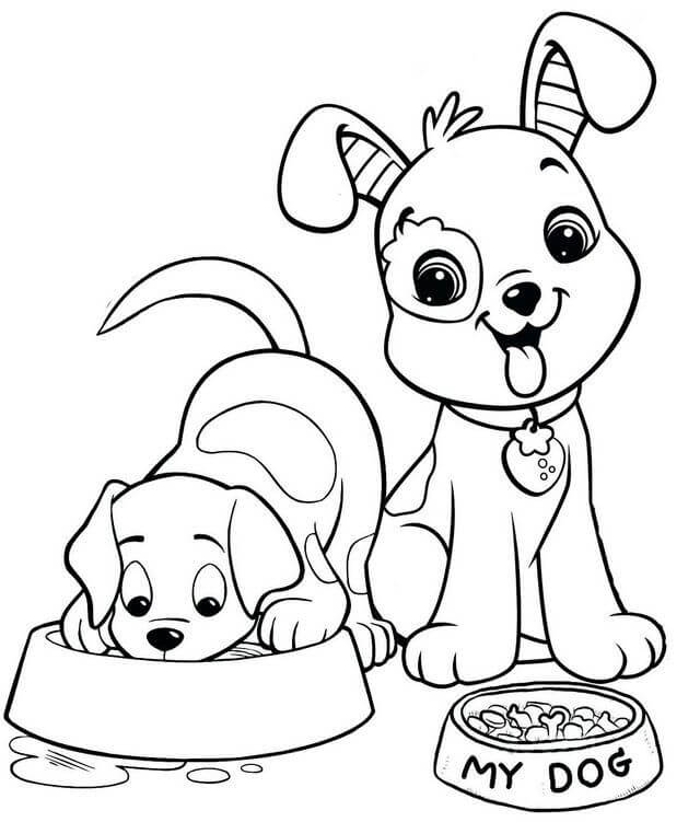 Dibujo de Dos Lindos Perros Comiendo para Colorear