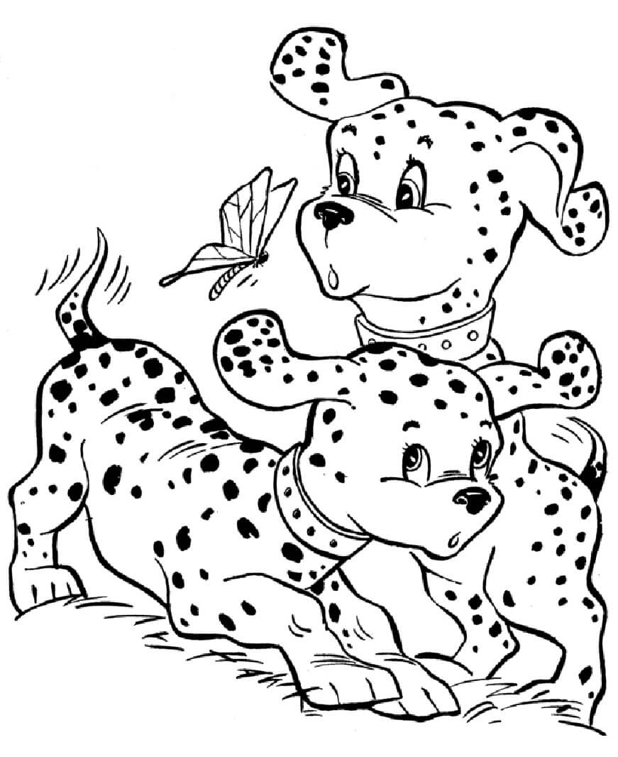 Dibujo de Dos Perros con Mariposas para Colorear