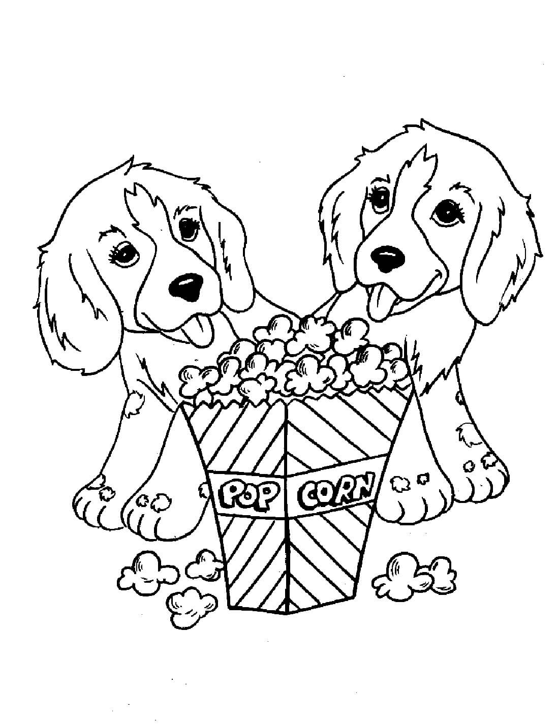 Dibujo de Dos Perros con Palomitas de maíz para Colorear