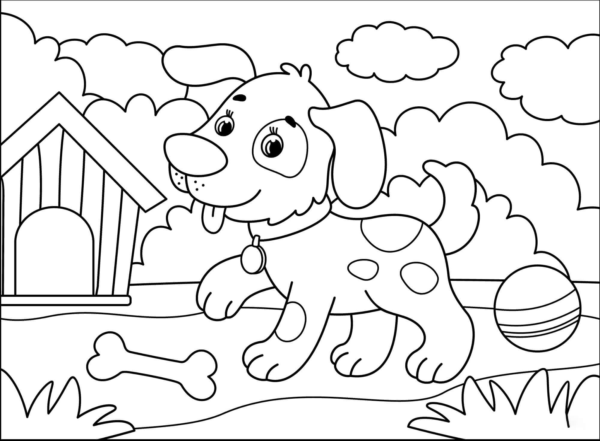 Dibujo de Perro Divertido con Juguetes para Colorear