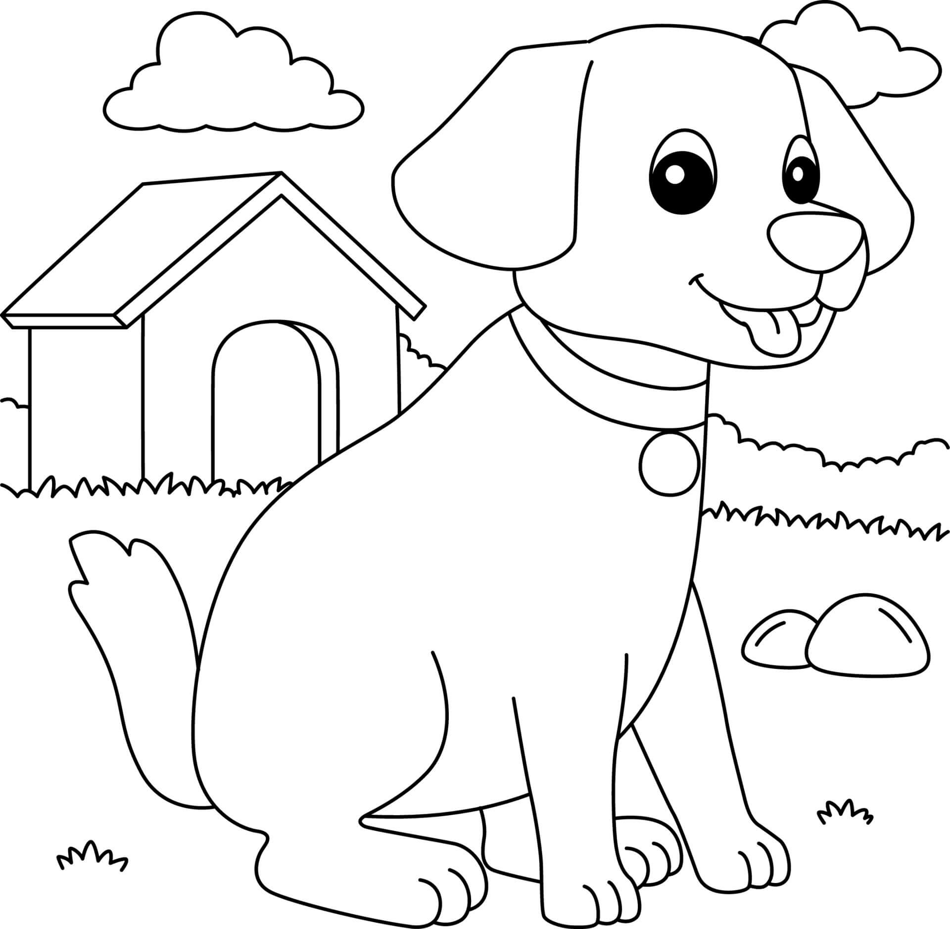 Dibujo de Perro Mascota con Casa de Perro para Colorear