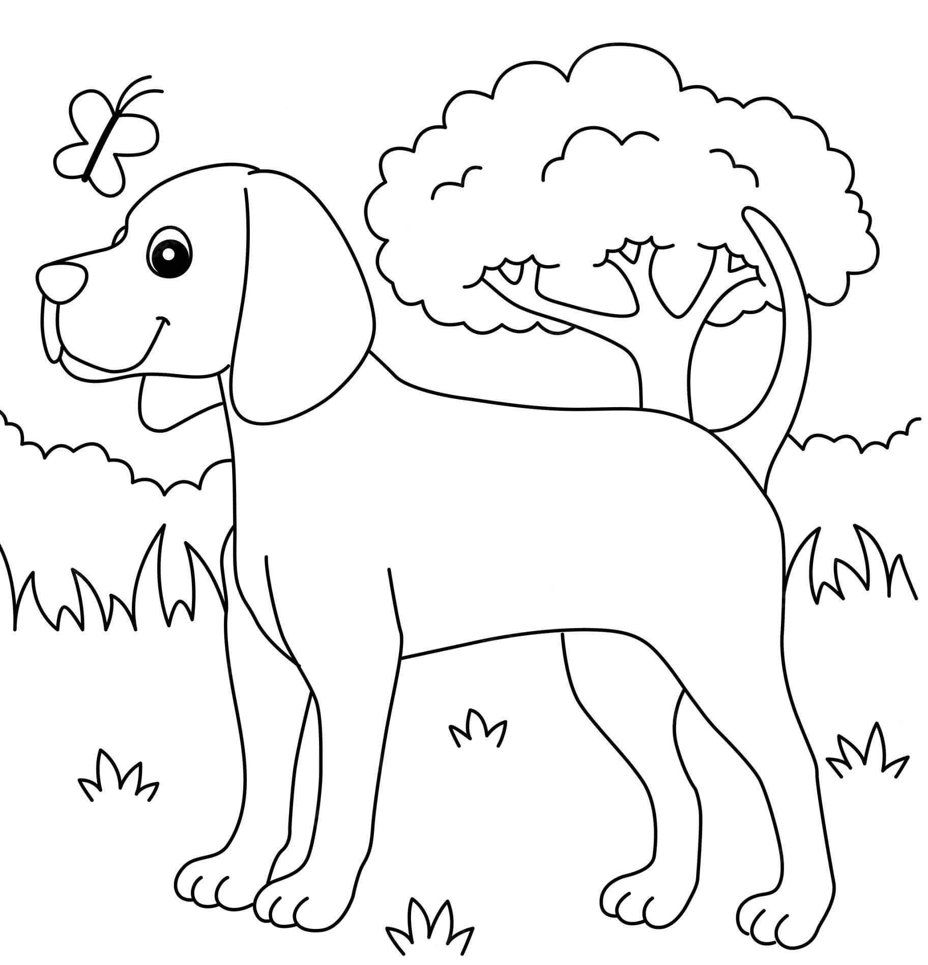 Dibujo de Perro Sonriente con Mariposa para Colorear