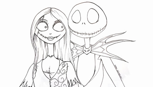 Dibujo de Jack Skellington y Sally Enamorados de Pesadilla Antes de Navidad para Colorear
