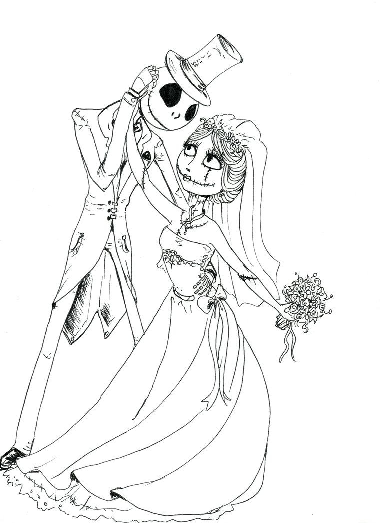 Dibujo de Jack Skellington y Sally en la Boda para Colorear